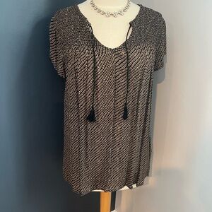Lucky Brand Black and Cream (with Burgundy Dots) Patterned Blouse